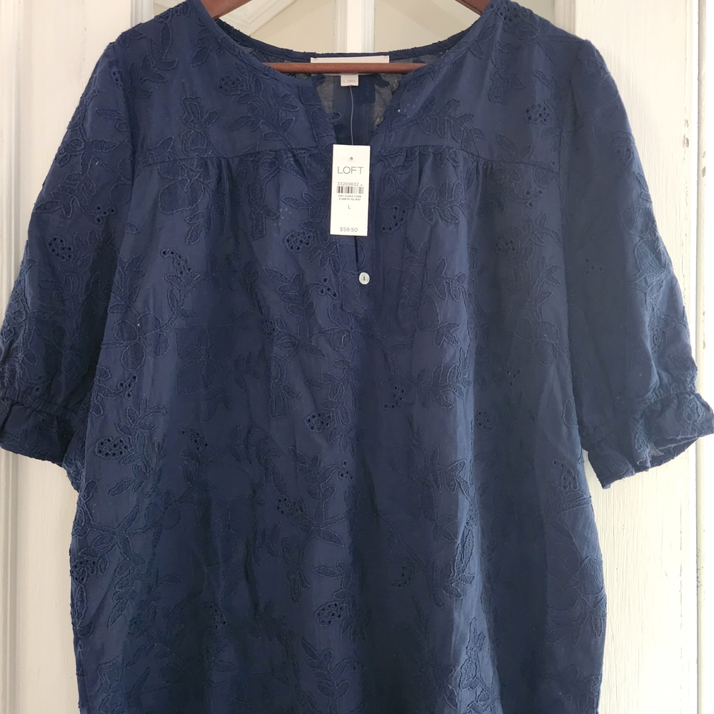 LOFT Women's Deep Blue Embroidered Blouse